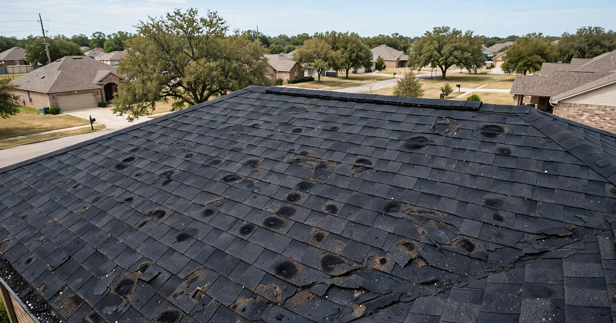 Close-up of hail bruises and granule loss on asphalt shingles after a hailstorm