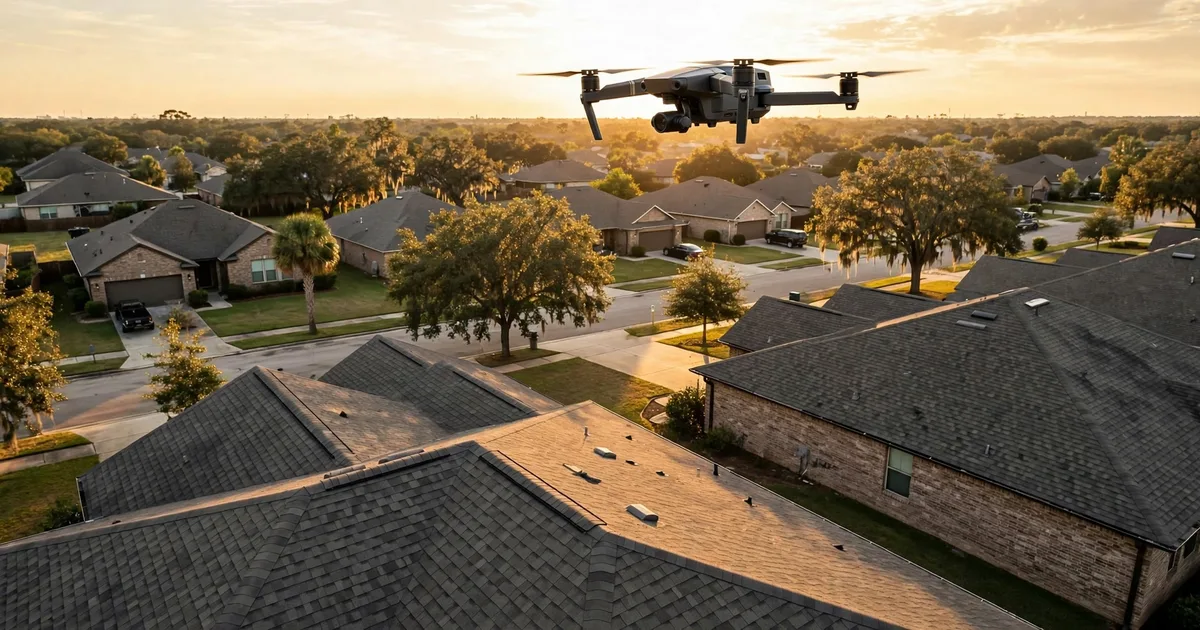 Roof inspection in Houston: drone surveying shingle rows at golden hour