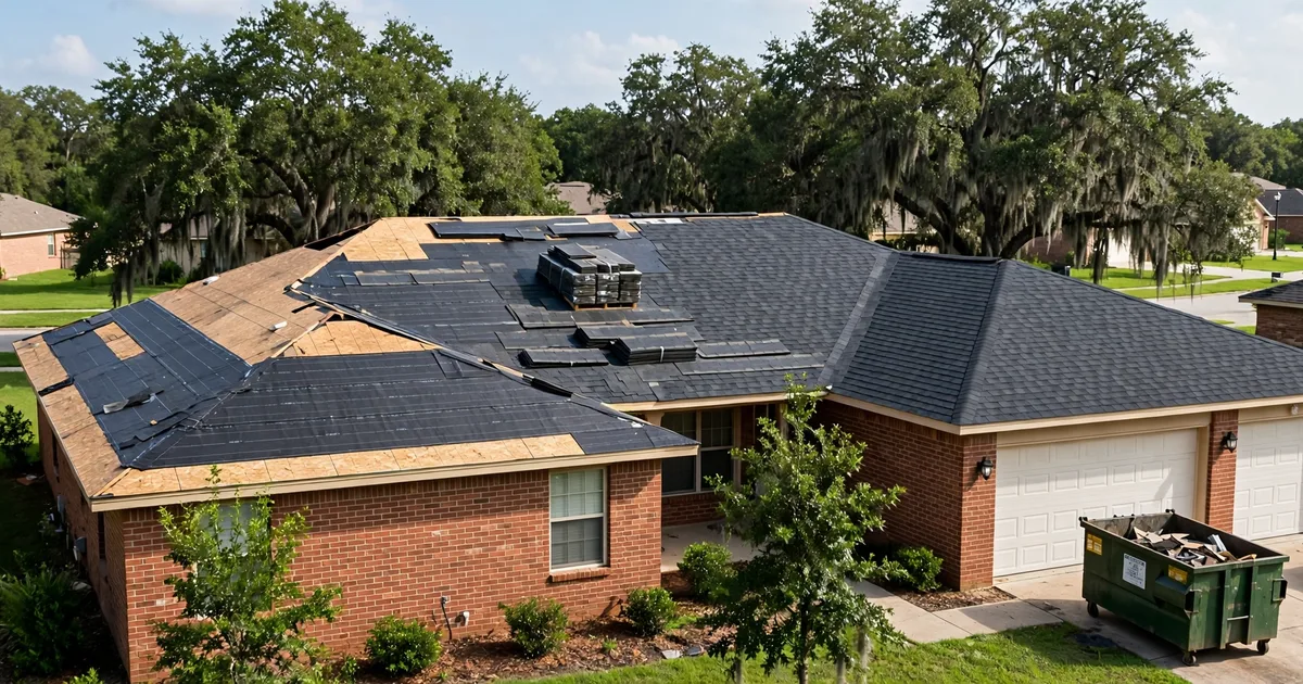 Roof replacement in Houston: new shingles being installed over stripped roof deck