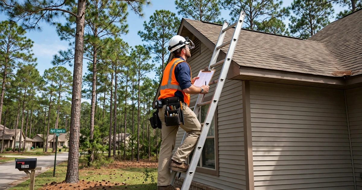 April Sound roof inspection in Conroe: inspector on a ladder with a clipboard at the eave