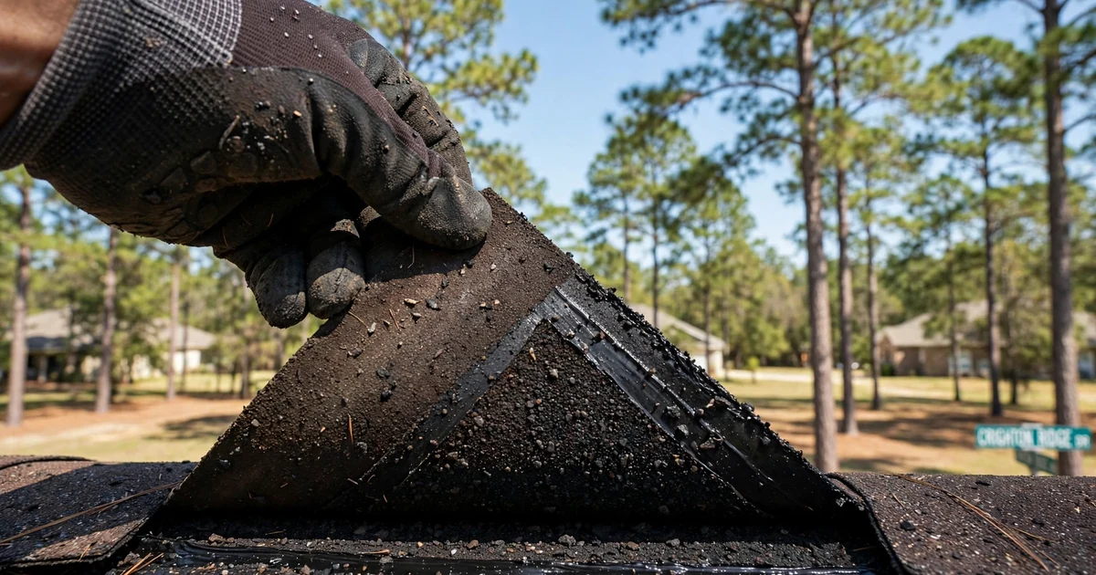 Crighton Ridge roof inspection in Conroe: close-up check of a shingle tab seal