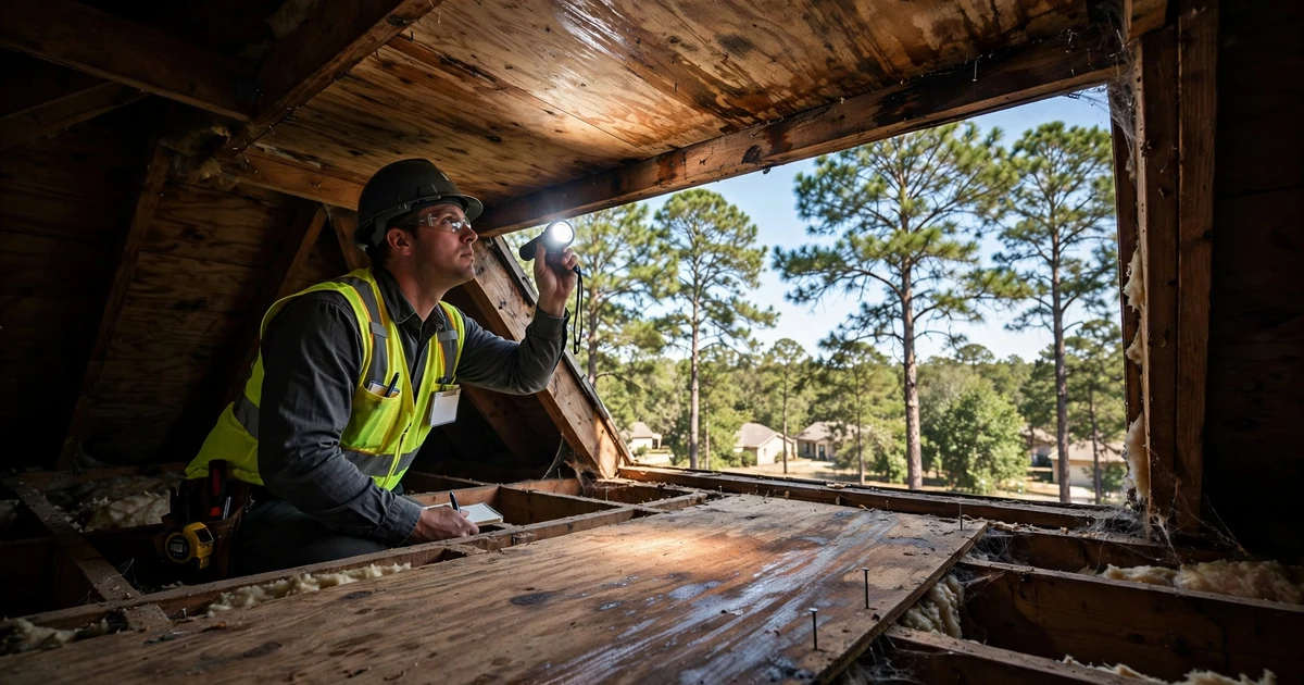 Del Lago roof inspection in Conroe: attic decking check with a flashlight
