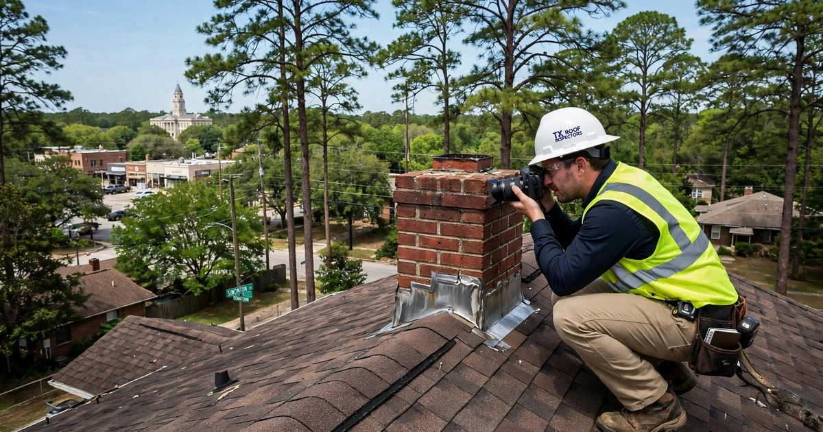 Downtown Conroe roof inspection in Conroe: photo documentation of chimney flashing