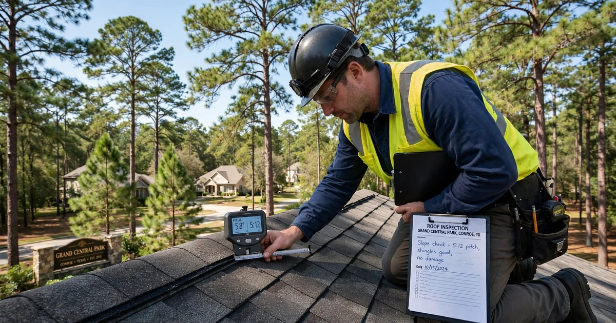 Grand Central Park roof inspection in Conroe: roof slope measurement with a pitch gauge