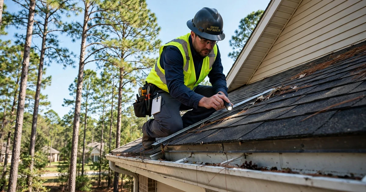 Harpers Preserve roof inspection in Conroe: gutter and drip edge check at the eave
