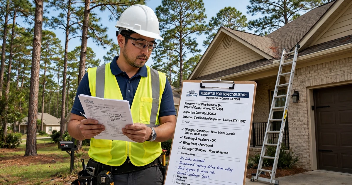 Imperial Oaks roof inspection in Conroe: report review beside the ladder