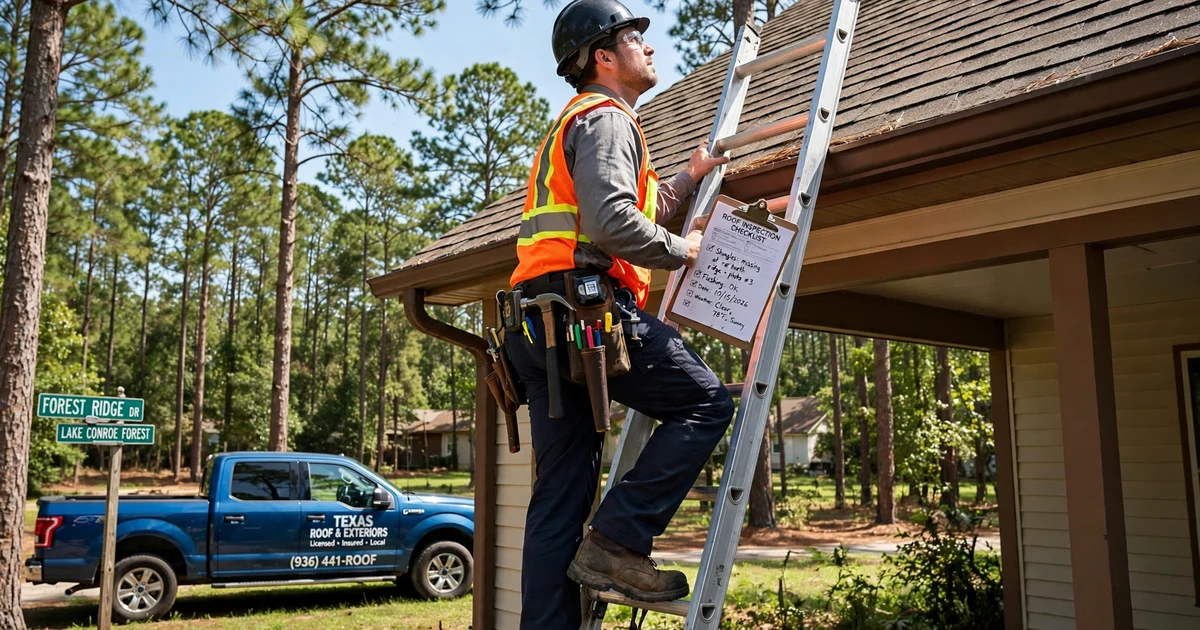 Lake Conroe Forest roof inspection in Conroe: inspector on a ladder with a clipboard at the eave