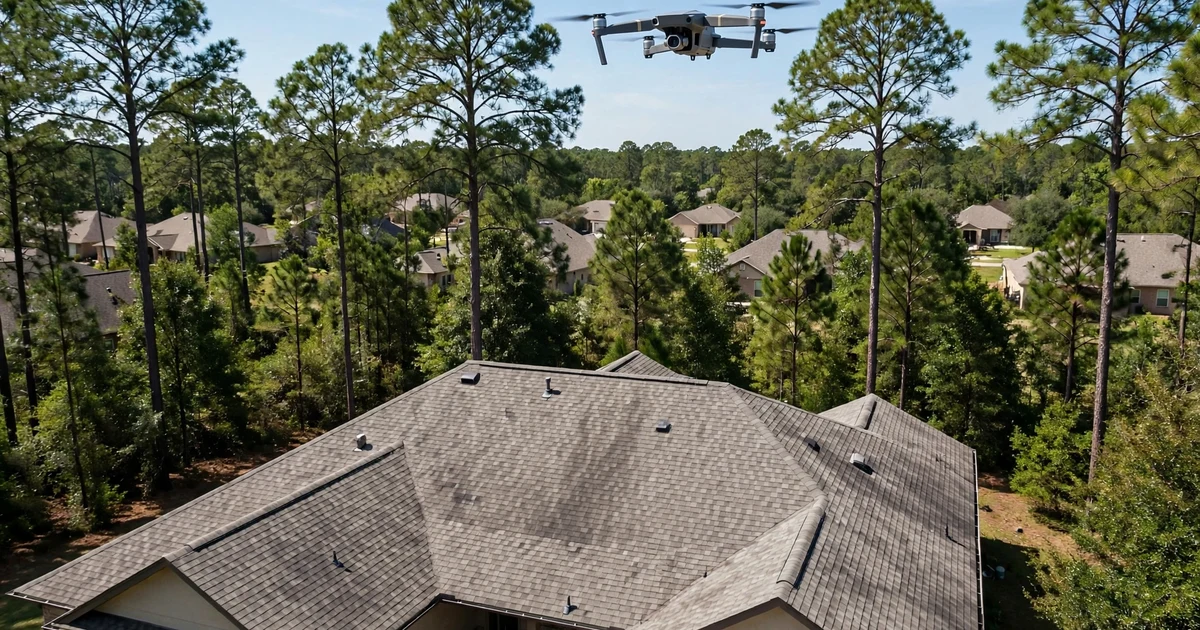 River Plantation roof inspection in Conroe: drone survey over the roof