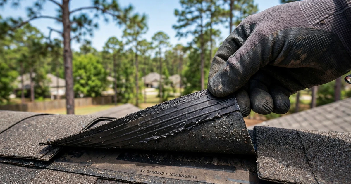 Riverbrook roof inspection in Conroe: close-up check of a shingle tab seal