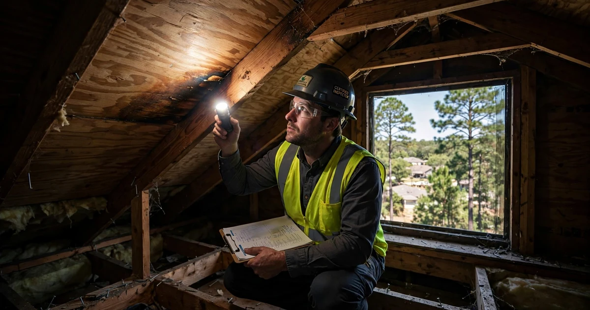 Teaswood roof inspection in Conroe: attic decking check with a flashlight