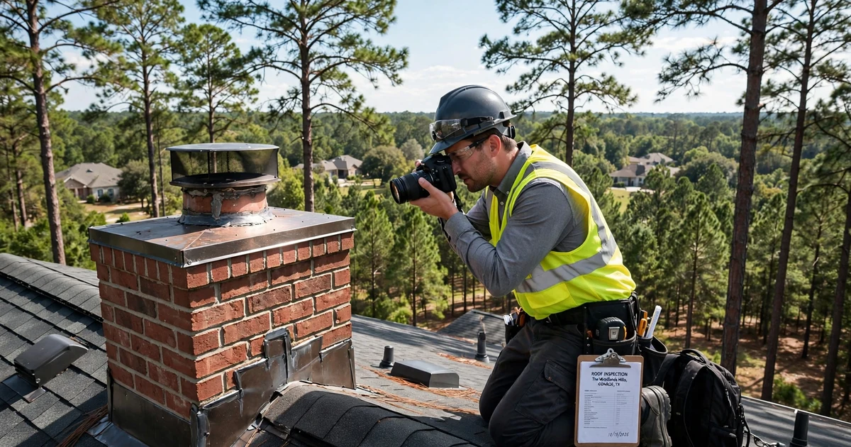 The Woodlands Hills roof inspection in Conroe: photo documentation of chimney flashing