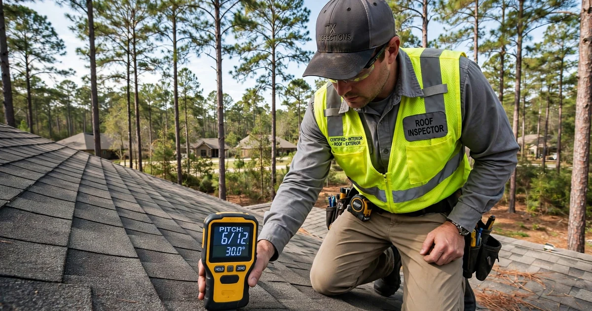Walden roof inspection in Conroe: roof slope measurement with a pitch gauge
