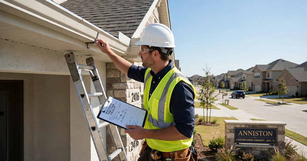 Anniston roof inspection in Katy: gutter and drip edge check at the eave