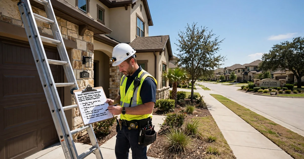 Avalon At Seven Meadows roof inspection in Katy: report review beside the ladder