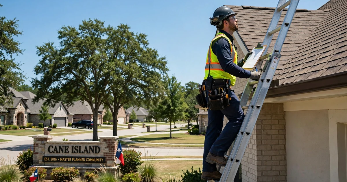 Cane Island roof inspection in Katy: inspector on a ladder with a clipboard at the eave