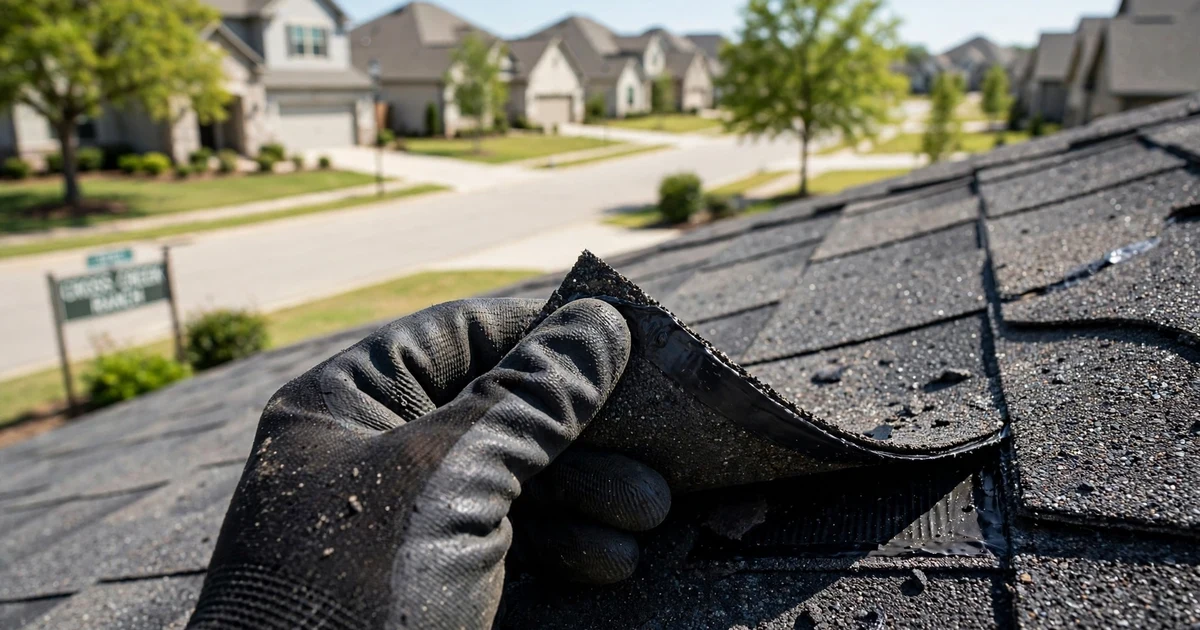 Cross Creek Ranch roof inspection in Katy: close-up check of a shingle tab seal