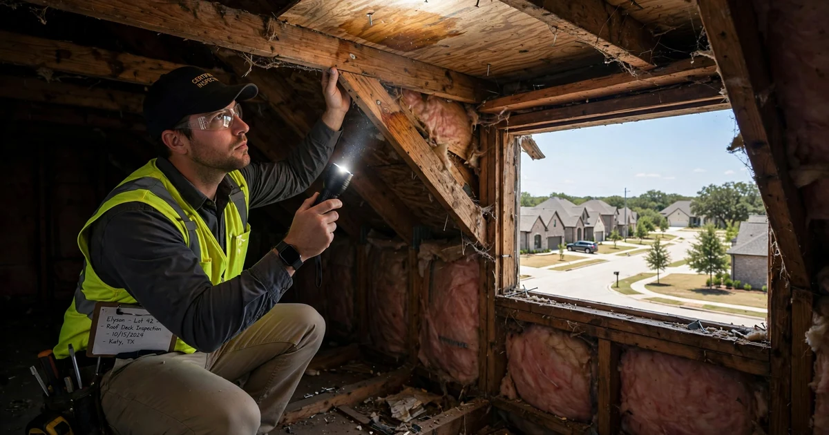 Elyson roof inspection in Katy: attic decking check with a flashlight