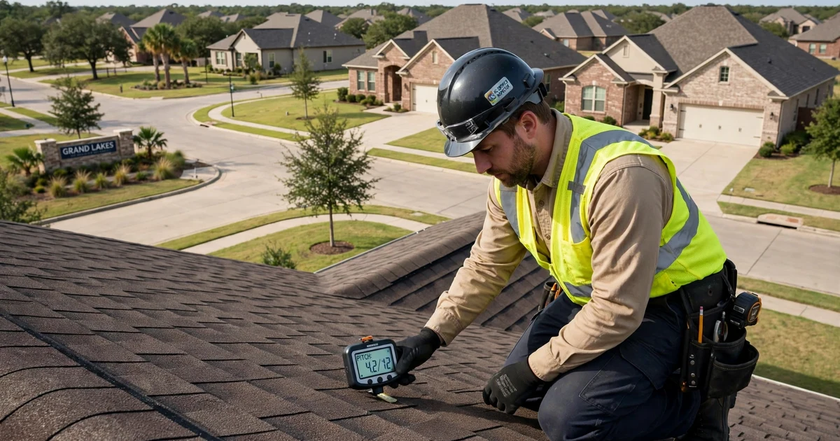 Grand Lakes roof inspection in Katy: roof slope measurement with a pitch gauge