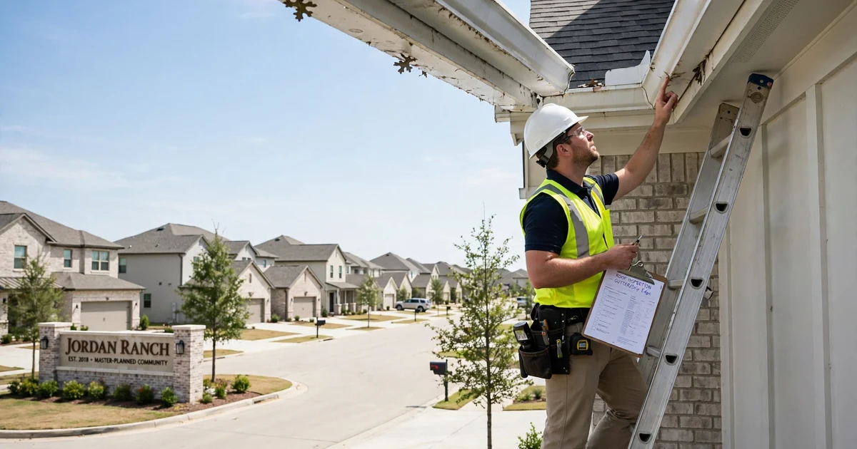 Jordan Ranch roof inspection in Katy: gutter and drip edge check at the eave