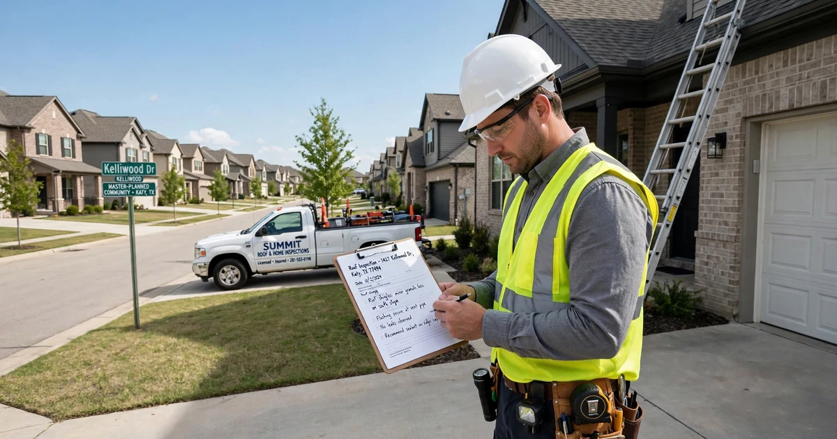 Kelliwood roof inspection in Katy: report review beside the ladder