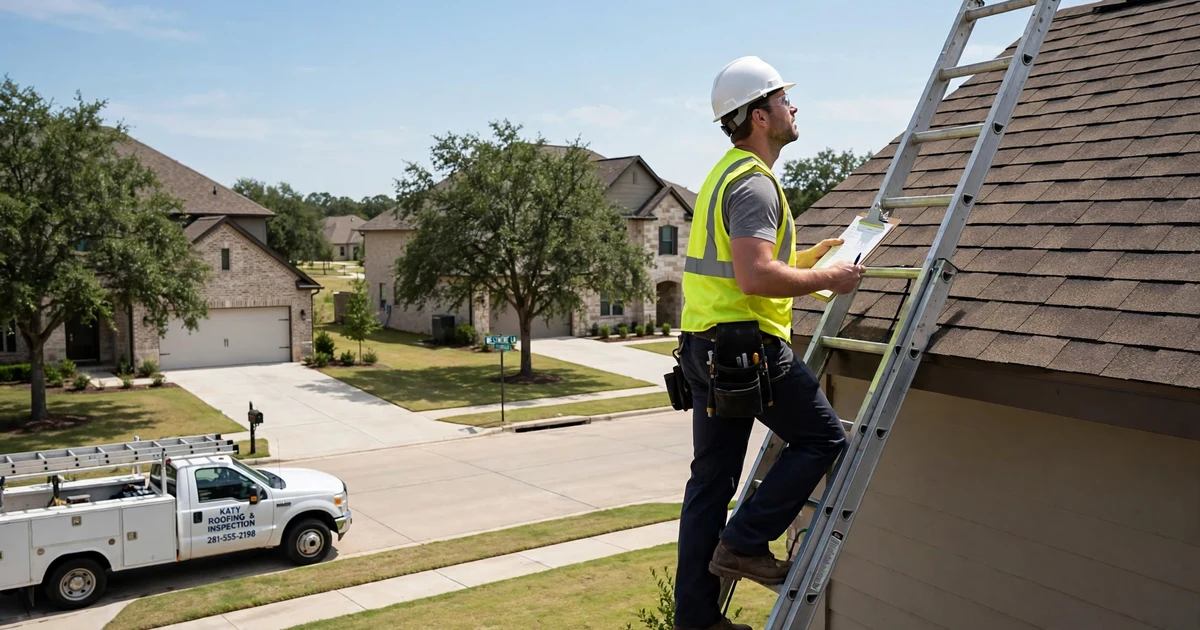 Old Katy roof inspection in Katy: inspector on a ladder with a clipboard at the eave
