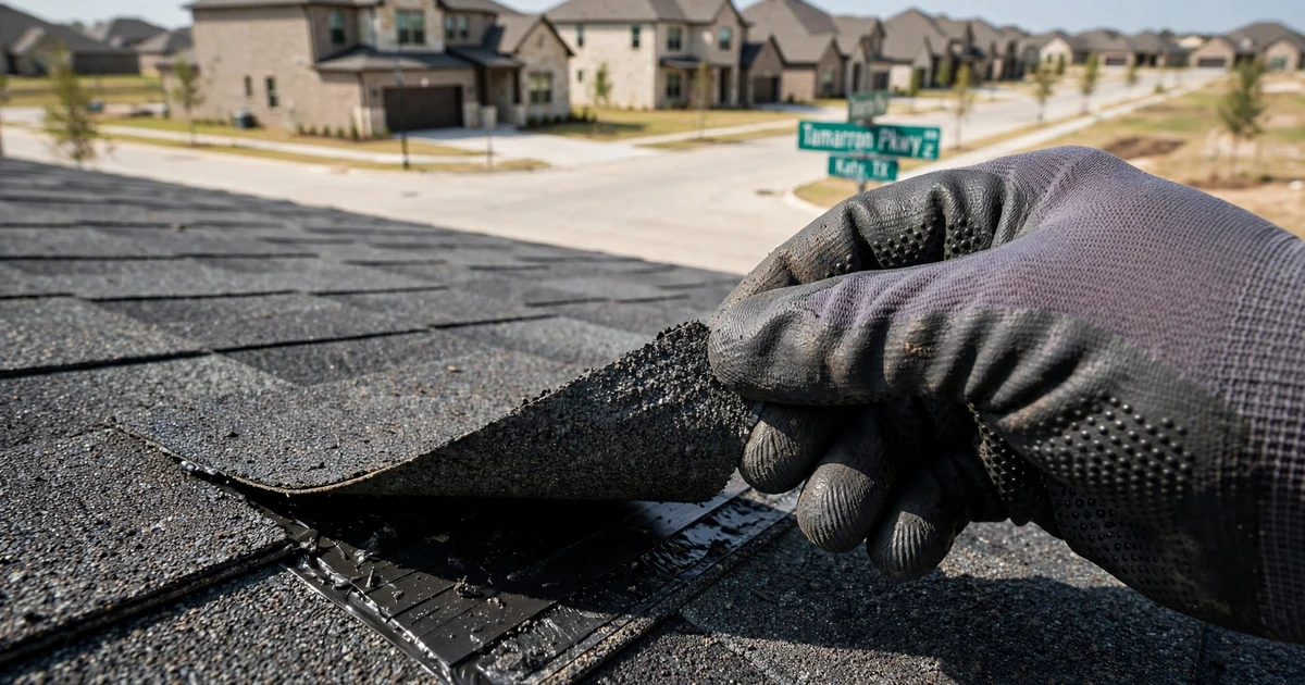 Tamarron roof inspection in Katy: close-up check of a shingle tab seal