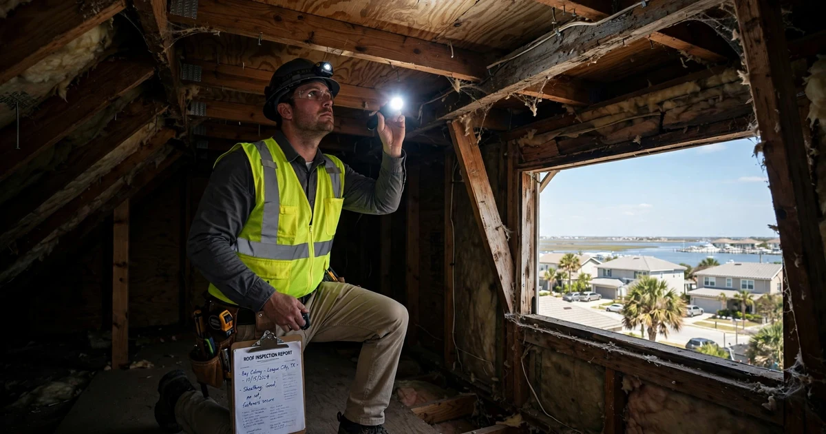 Bay Colony roof inspection in League City: attic decking check with a flashlight