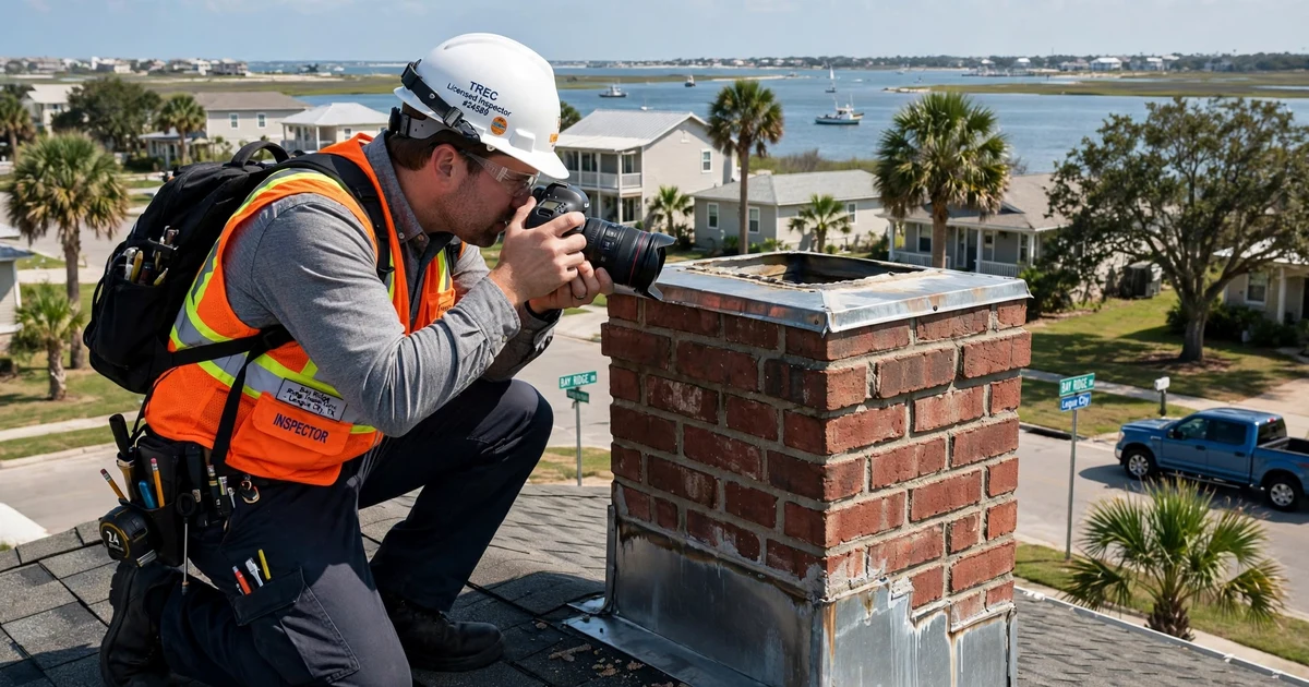 Bay Ridge roof inspection in League City: photo documentation of chimney flashing