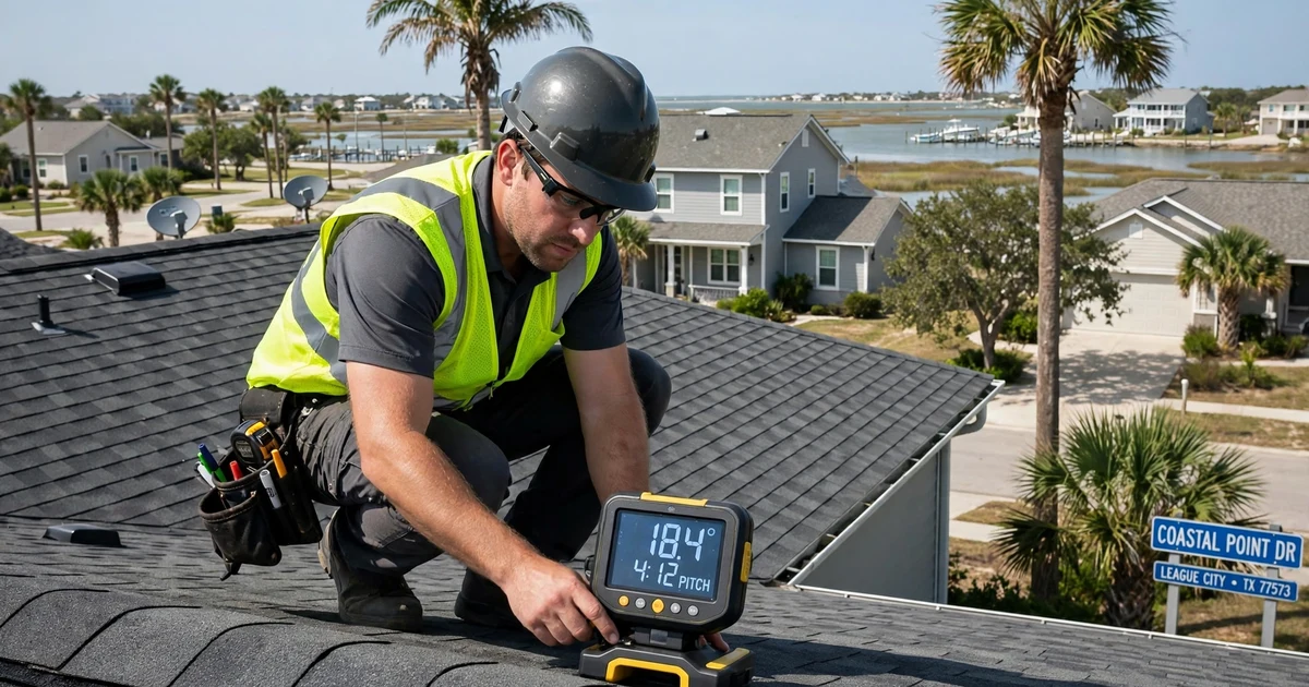 Coastal Point roof inspection in League City: roof slope measurement with a pitch gauge
