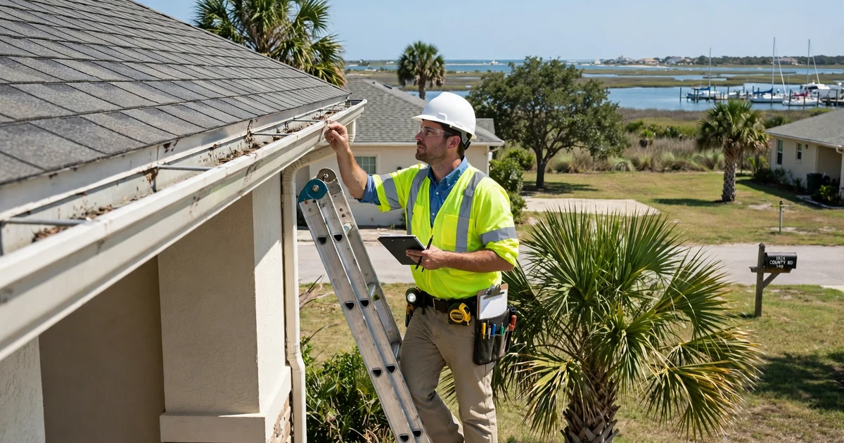 Countryside roof inspection in League City: gutter and drip edge check at the eave