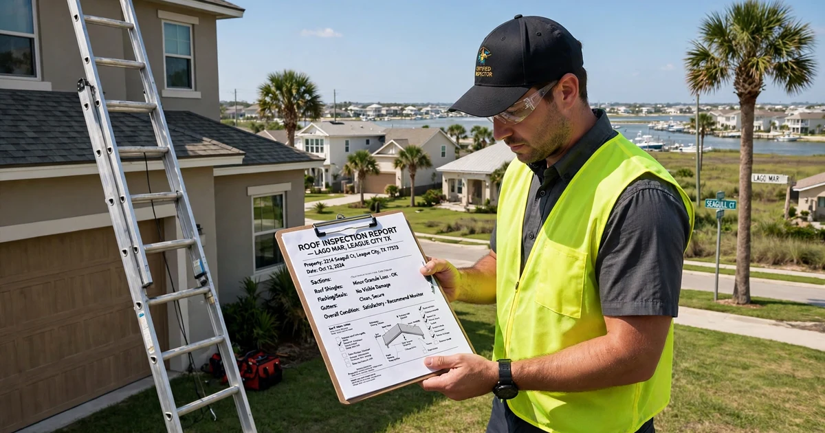 Lago Mar roof inspection in League City: report review beside the ladder
