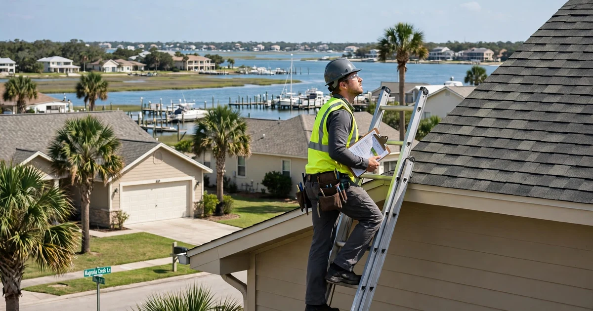 Magnolia Creek roof inspection in League City: inspector on a ladder with a clipboard at the eave