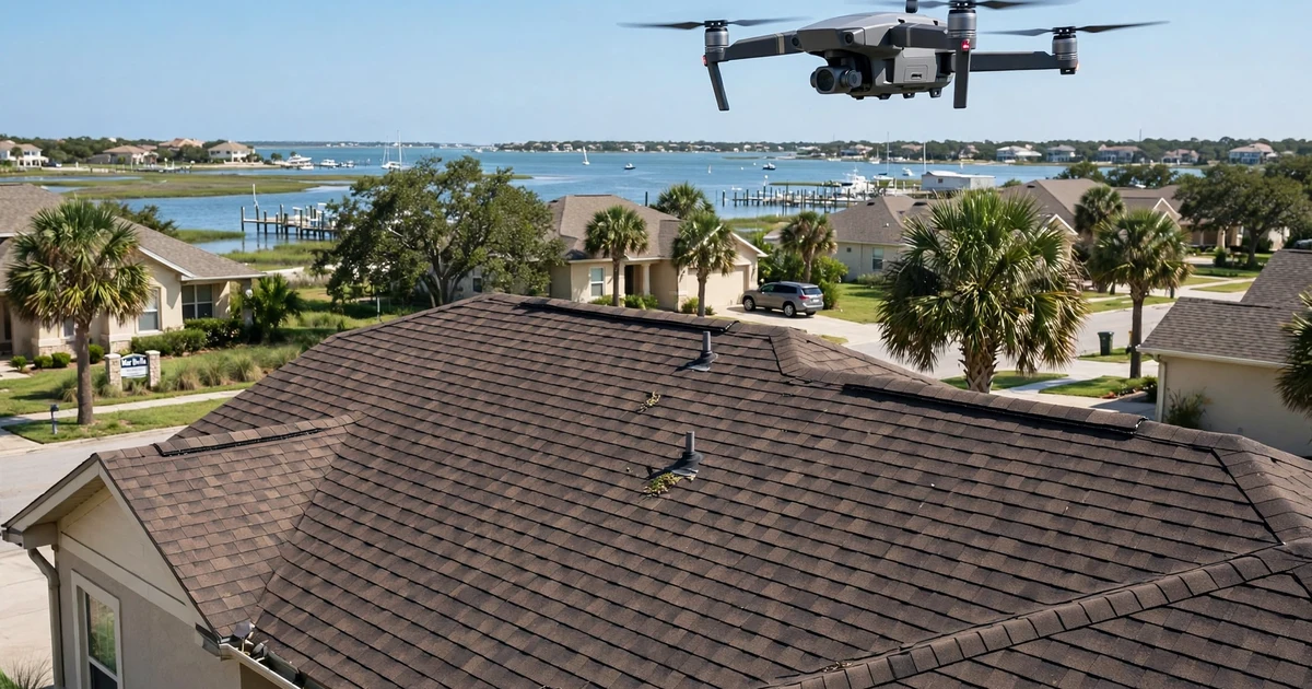 Mar Bella roof inspection in League City: drone survey over the roof