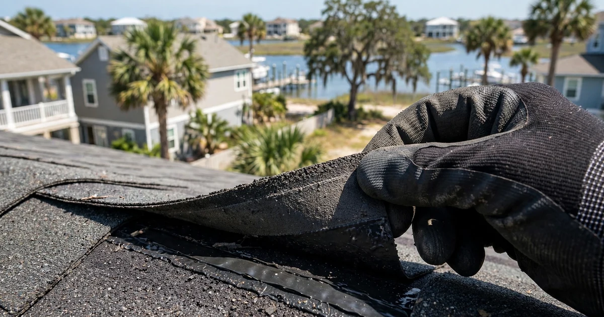 Marina Bay roof inspection in League City: close-up check of a shingle tab seal
