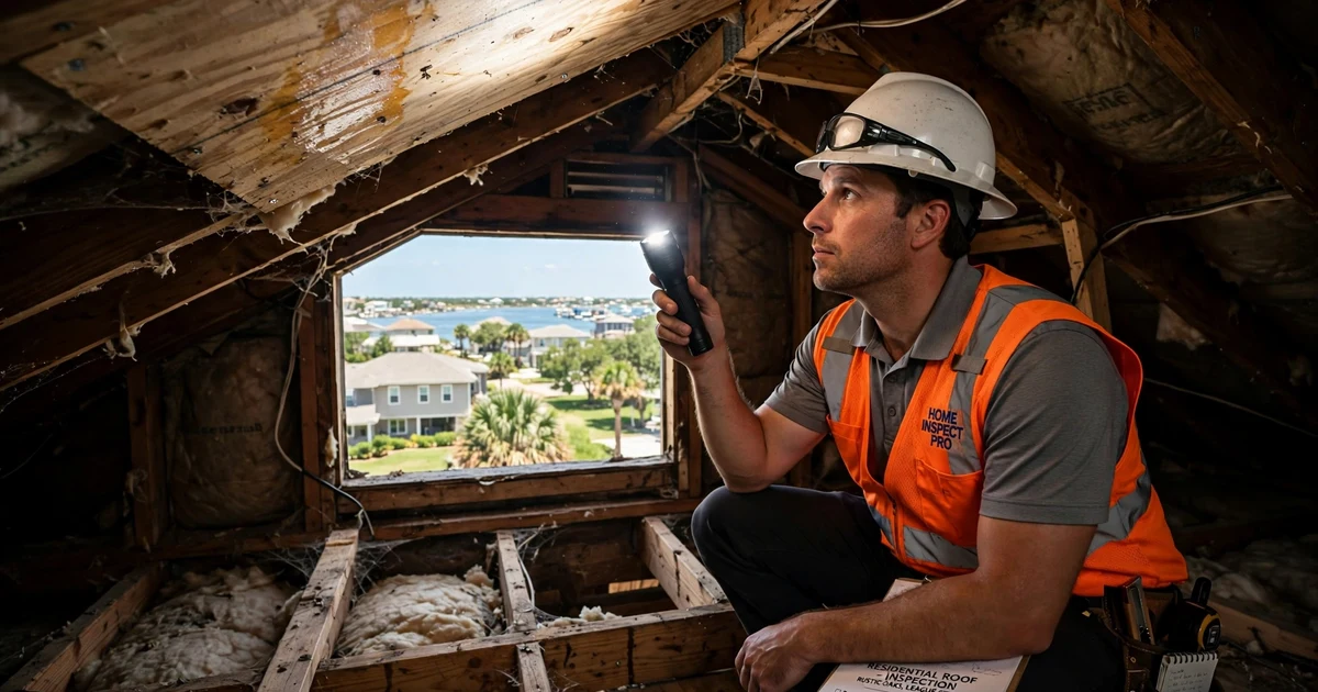 Rustic Oaks roof inspection in League City: attic decking check with a flashlight