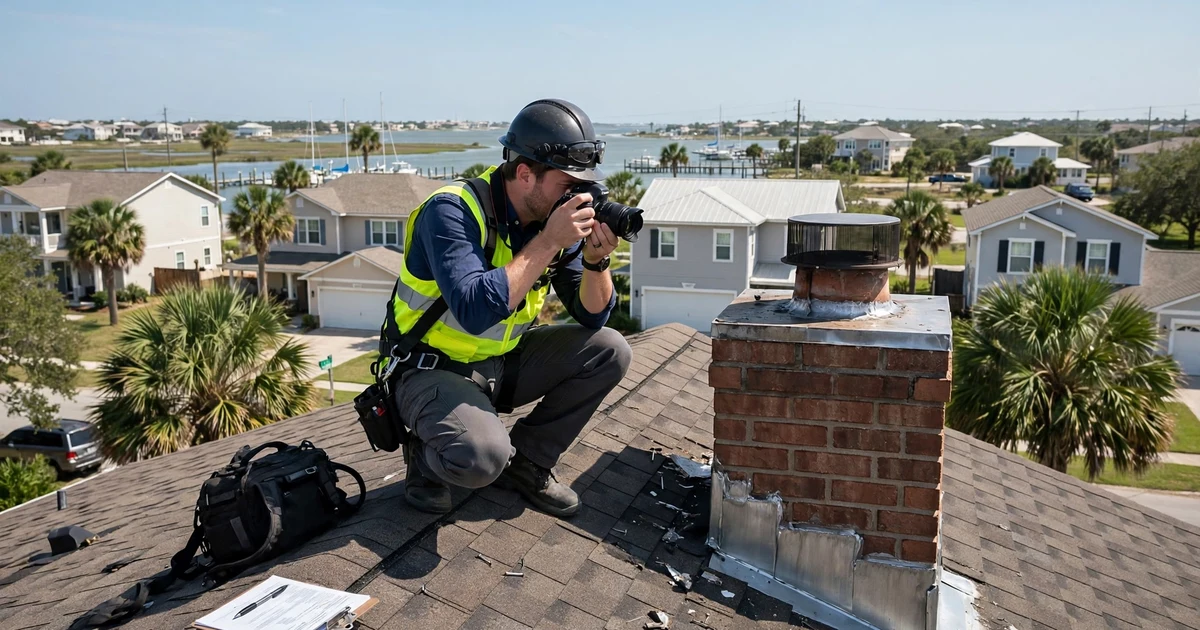Samara roof inspection in League City: photo documentation of chimney flashing