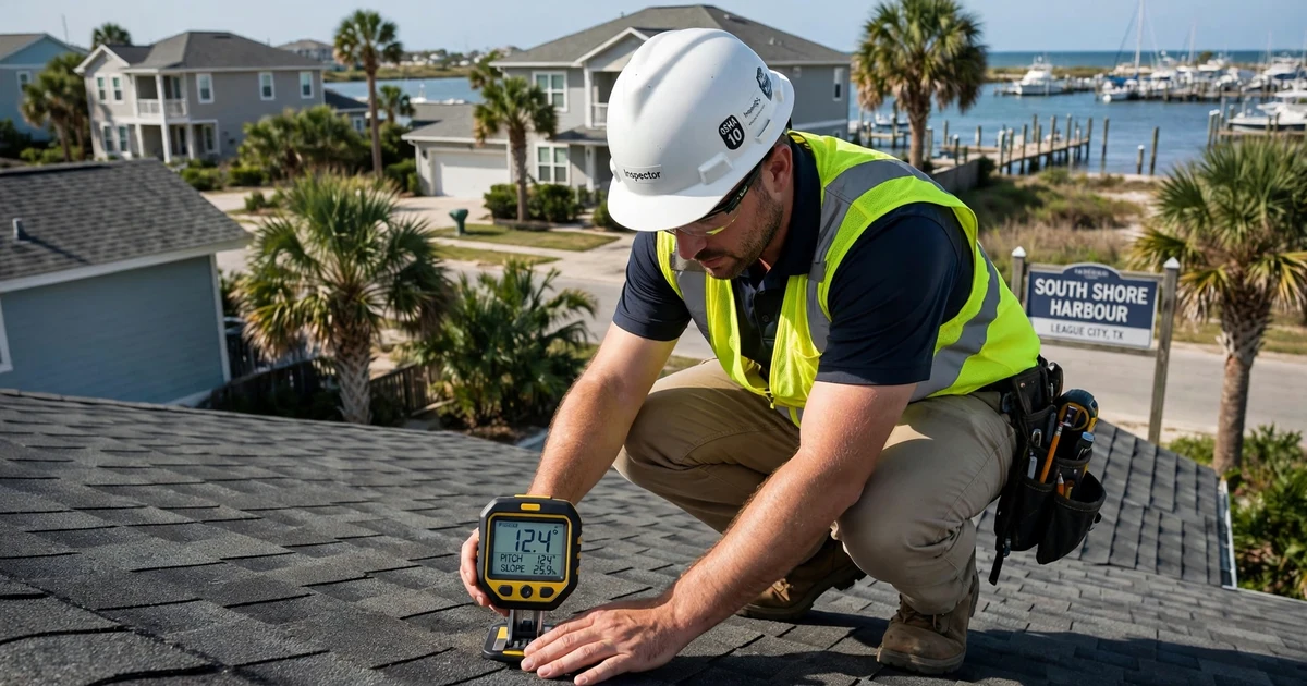 South Shore Harbour roof inspection in League City: roof slope measurement with a pitch gauge