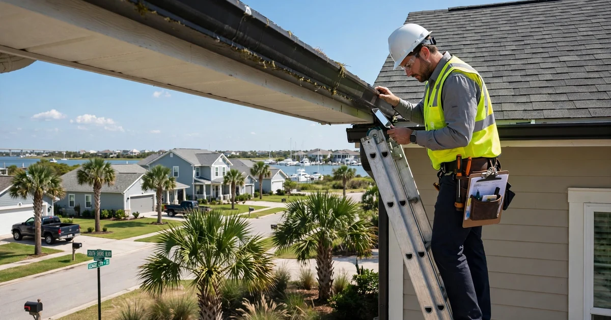 South Shore roof inspection in League City: gutter and drip edge check at the eave