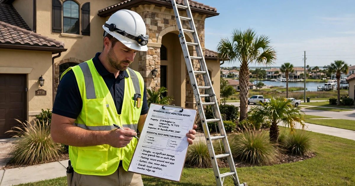 Tuscan Lakes roof inspection in League City: report review beside the ladder