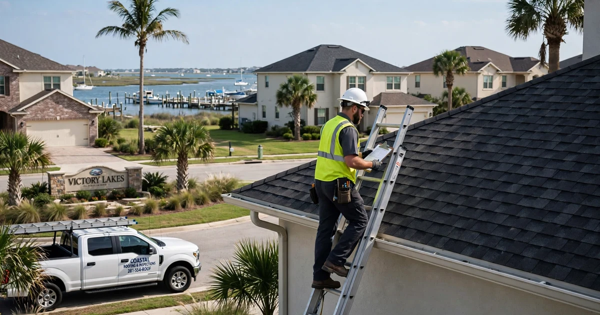 Victory Lakes roof inspection in League City: inspector on a ladder with a clipboard at the eave