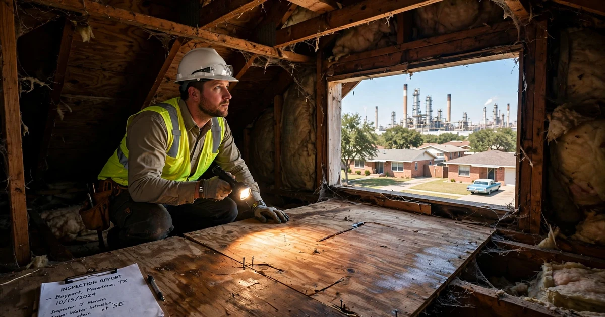 Bayport roof inspection in Pasadena: attic decking check with a flashlight