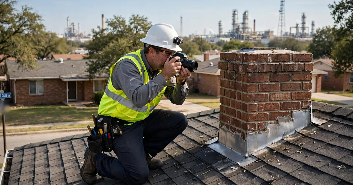 Baywood Oaks roof inspection in Pasadena: photo documentation of chimney flashing