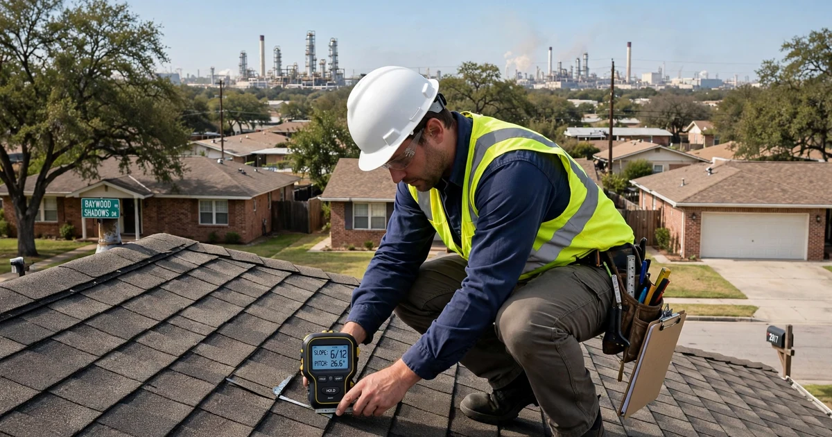 Baywood Shadows roof inspection in Pasadena: roof slope measurement with a pitch gauge