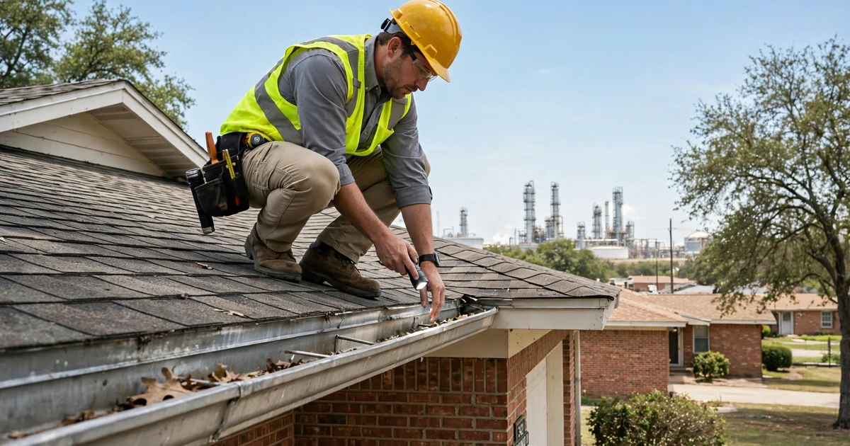 Brookwood roof inspection in Pasadena: gutter and drip edge check at the eave