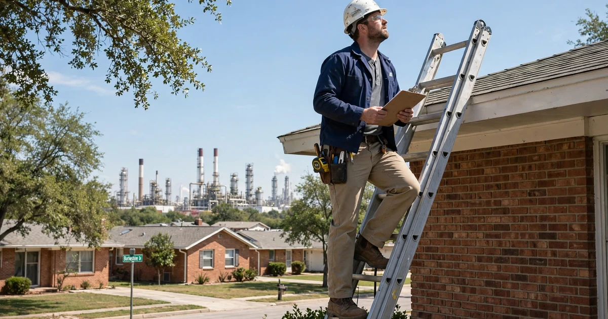 Burkeshire roof inspection in Pasadena: inspector on a ladder with a clipboard at the eave