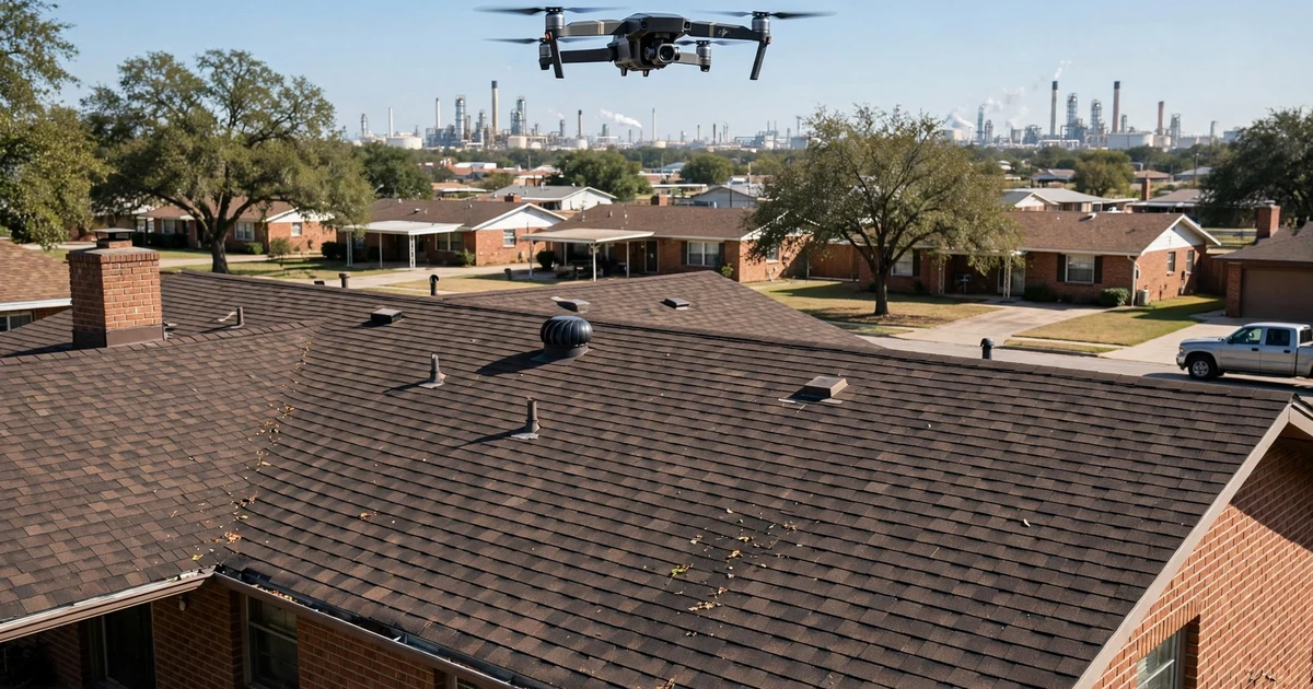 Clear Lake City Pasadena roof inspection in Pasadena: drone survey over the roof