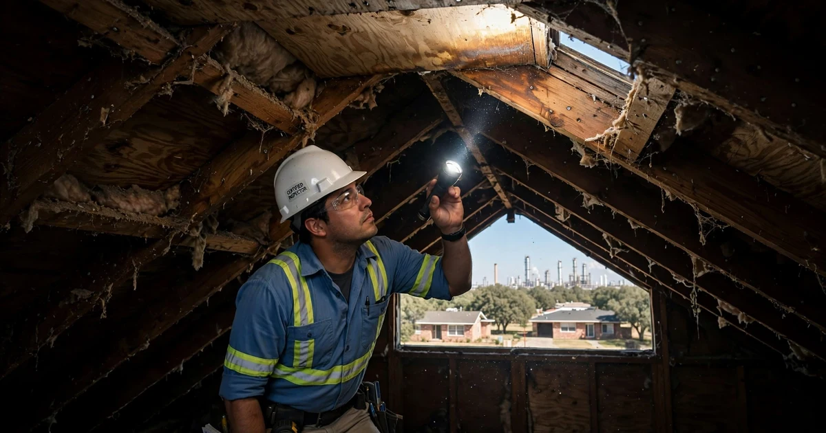 Deepwater roof inspection in Pasadena: attic decking check with a flashlight