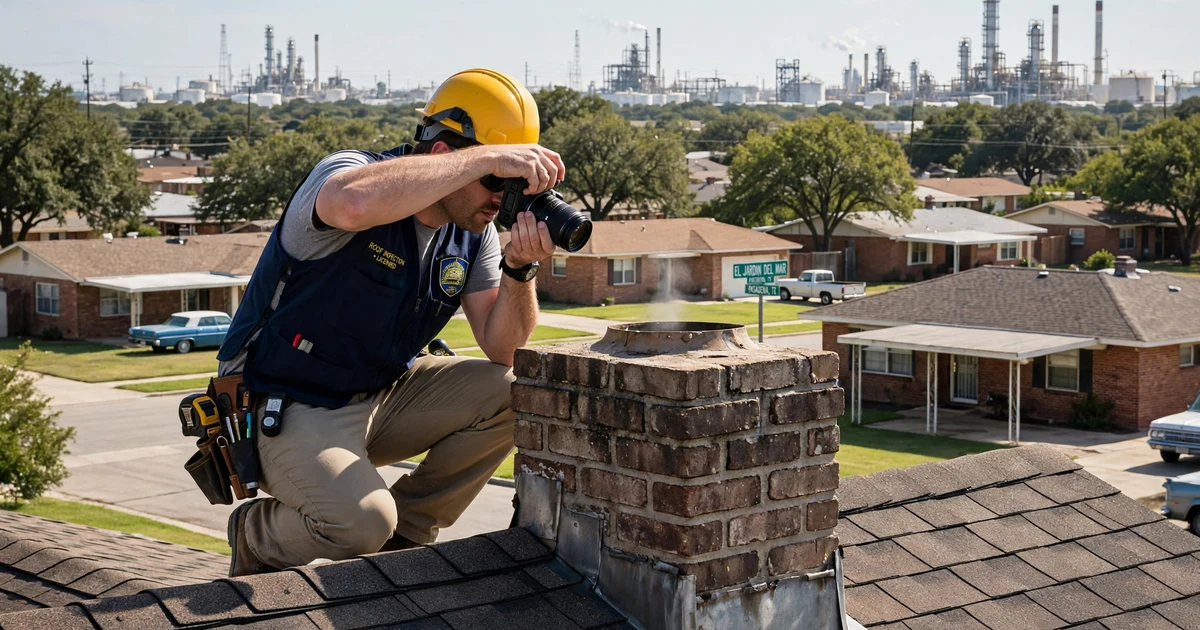El Jardin Del Mar roof inspection in Pasadena: photo documentation of chimney flashing