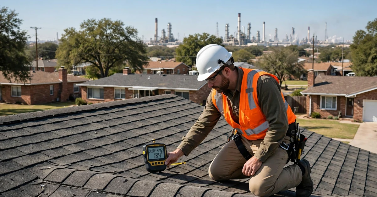 Golden Acres roof inspection in Pasadena: roof slope measurement with a pitch gauge