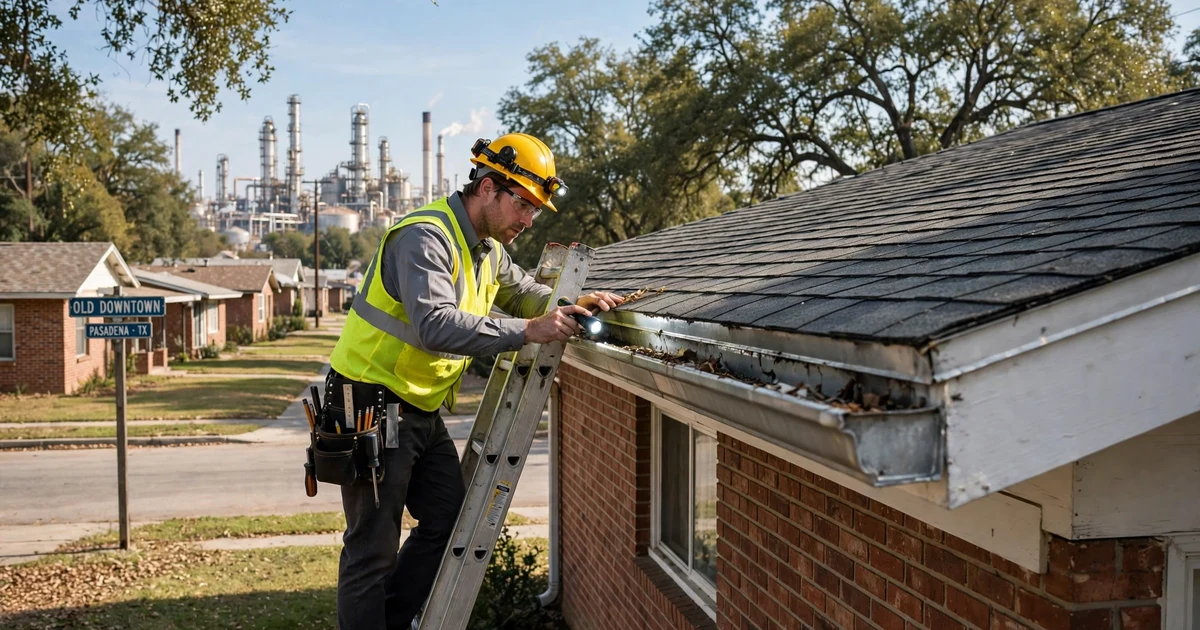Old Downtown roof inspection in Pasadena: gutter and drip edge check at the eave